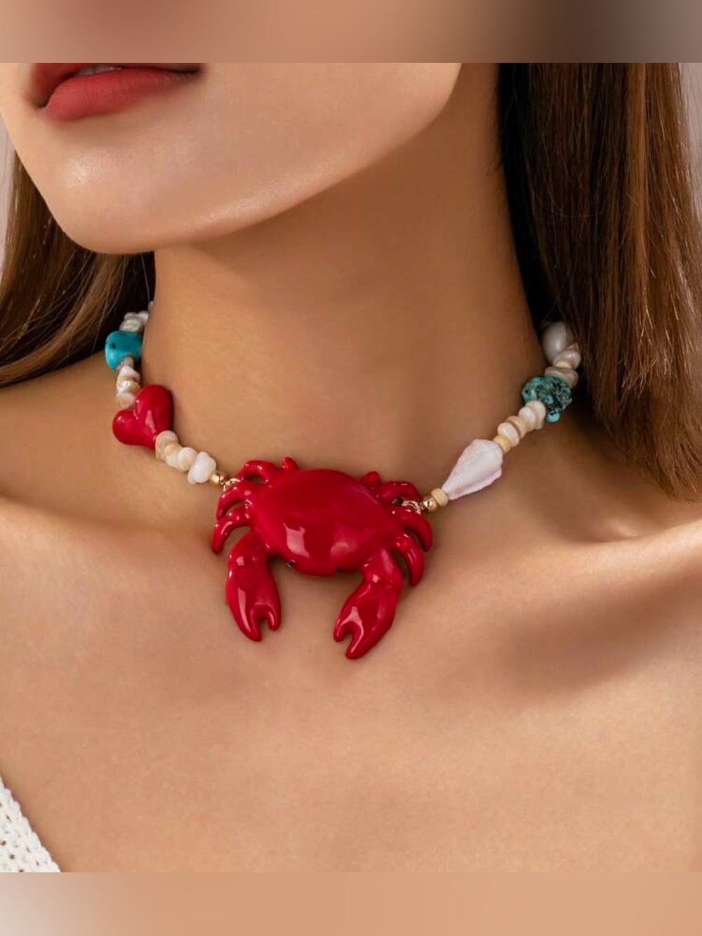 Red Crab Pendant Shell Bead Necklace N1473